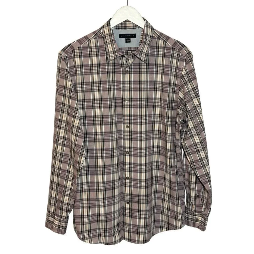 Banana Republic tan and black plaid cotton button down shirt - L